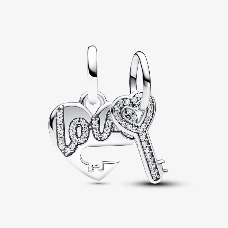 PANDORA : Splittable Heart & Key Dangle Charm in Sterling Silver