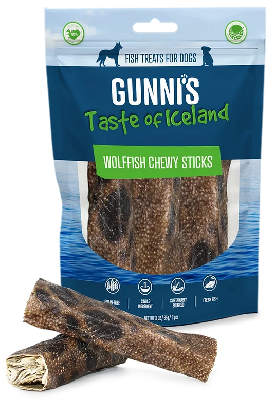 Gunni's Taste of Iceland Wolffish Skins Chewy Sticks Dog Treats, 3pk