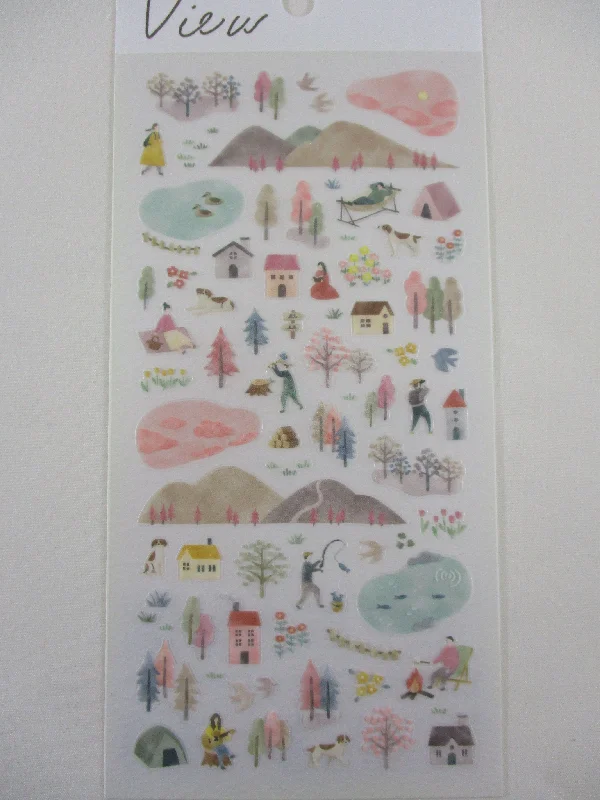 Cute Kawaii MW Scenic View Series - Pink Brown A - Nature Outdoor Mountain Fire Lake Fishing Sticker Sheet - for Journal Planner Craft