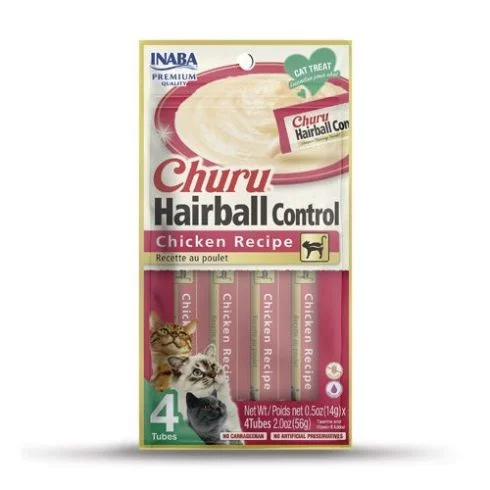 INABA Churu Hairball Control Chicken Recipe Puree Cat Treat - 2.0 oz | (4) 0.5% Tubes