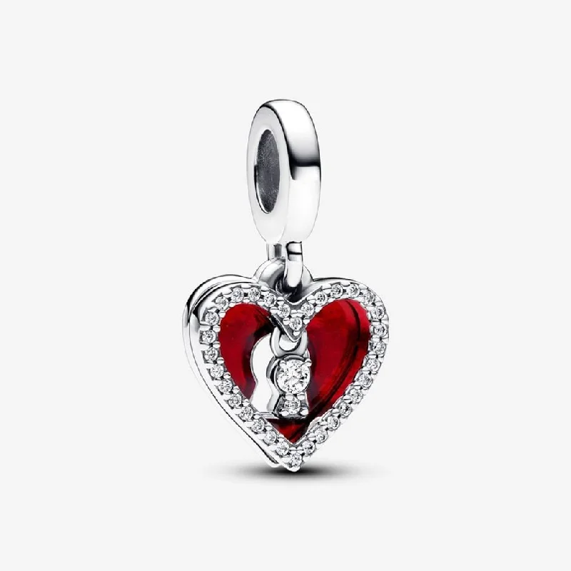 PANDORA : Red Heart & Keyhole Double Dangle Charm in Sterling Silver