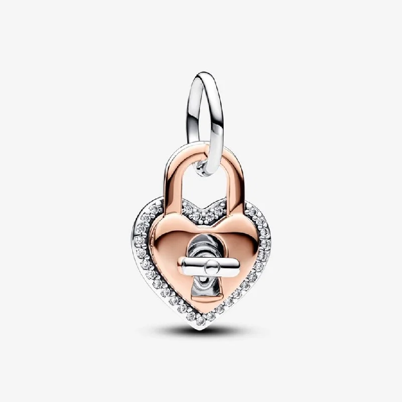 PANDORA : Two-tone Twistable Heart Padlock Double Dangle Charm - Sterling silver and 14k Rose gold-plated unique metal blend