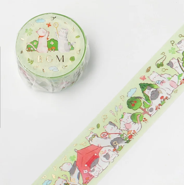 Cute Kawaii BGM Washi / Masking Deco Tape - Cat Feline Kitten Playful Outdoor Green - for Scrapbooking Journal Planner Craft