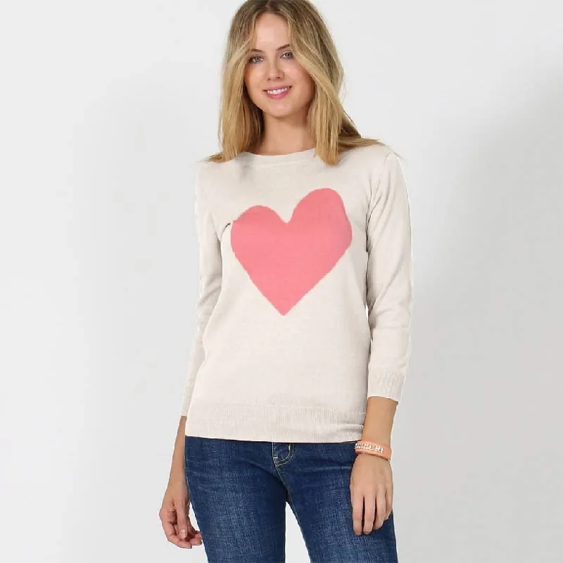 Chara : Sweet Cute Heart Valentine Pullover Sweater in Oatmeal/Pink - Assorted By Size