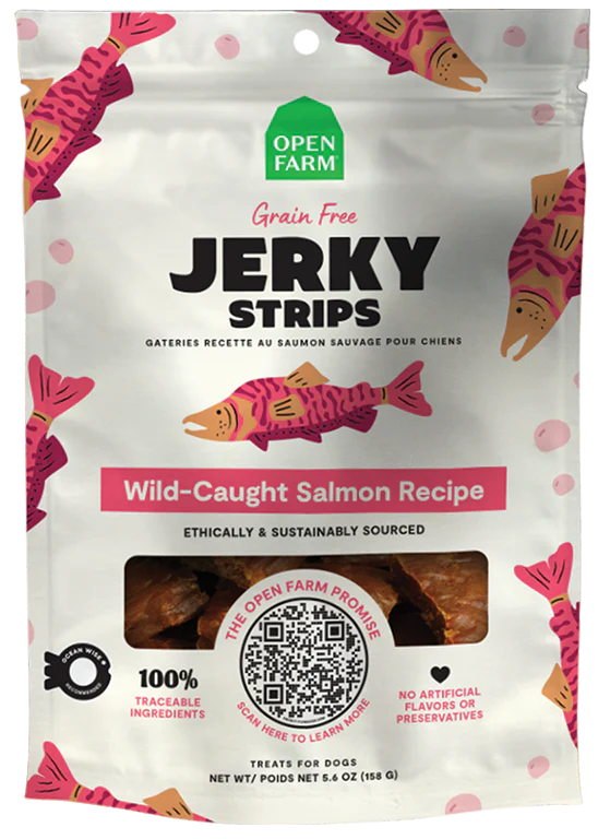 Open Farm Grain Free Jerky Strips Wild Caught Salmon Recipe Treats For Dogs-5.6 oz