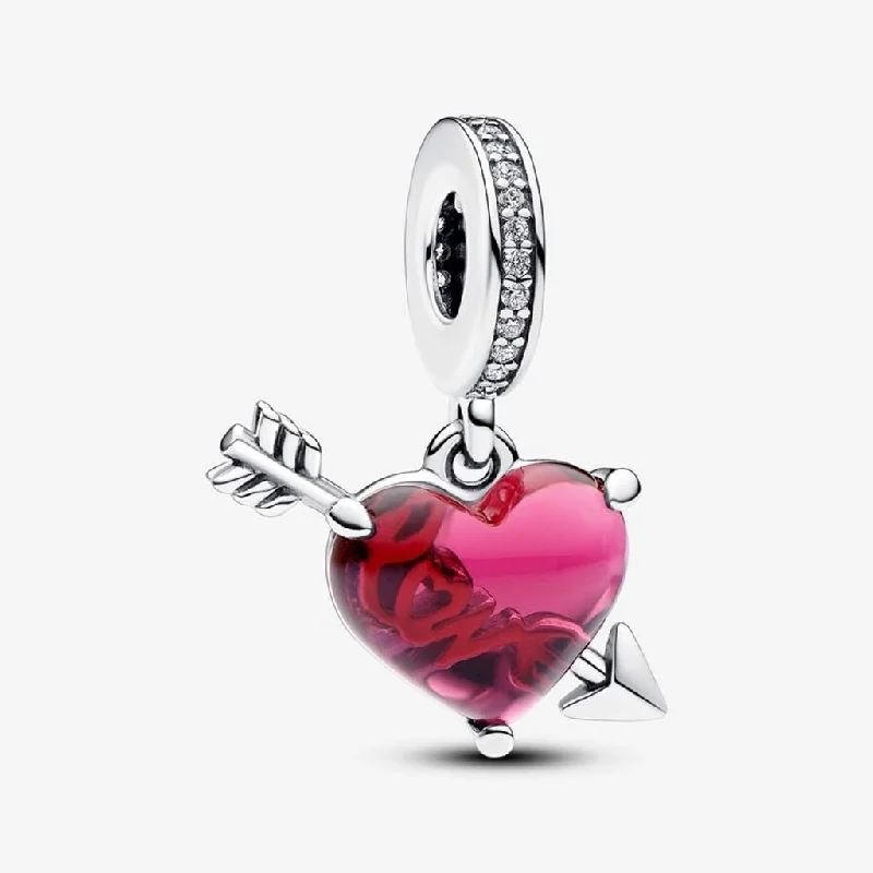 PANDORA : Red Heart & Arrow Murano Glass Dangle Charm in Sterling Silver