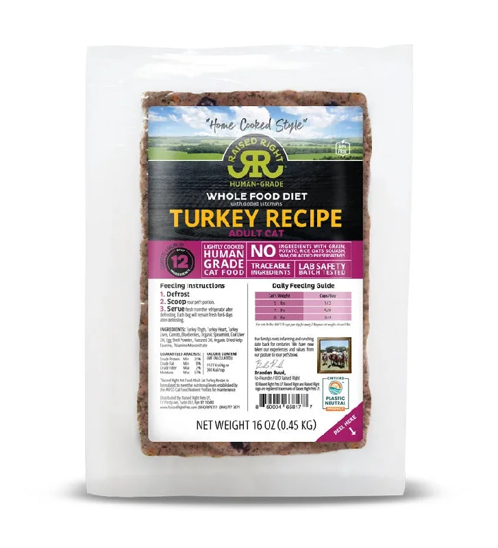 Raised Right Pets Frozen Lightly Cooked Adult Turkey Recipe for Cats - 16-oz